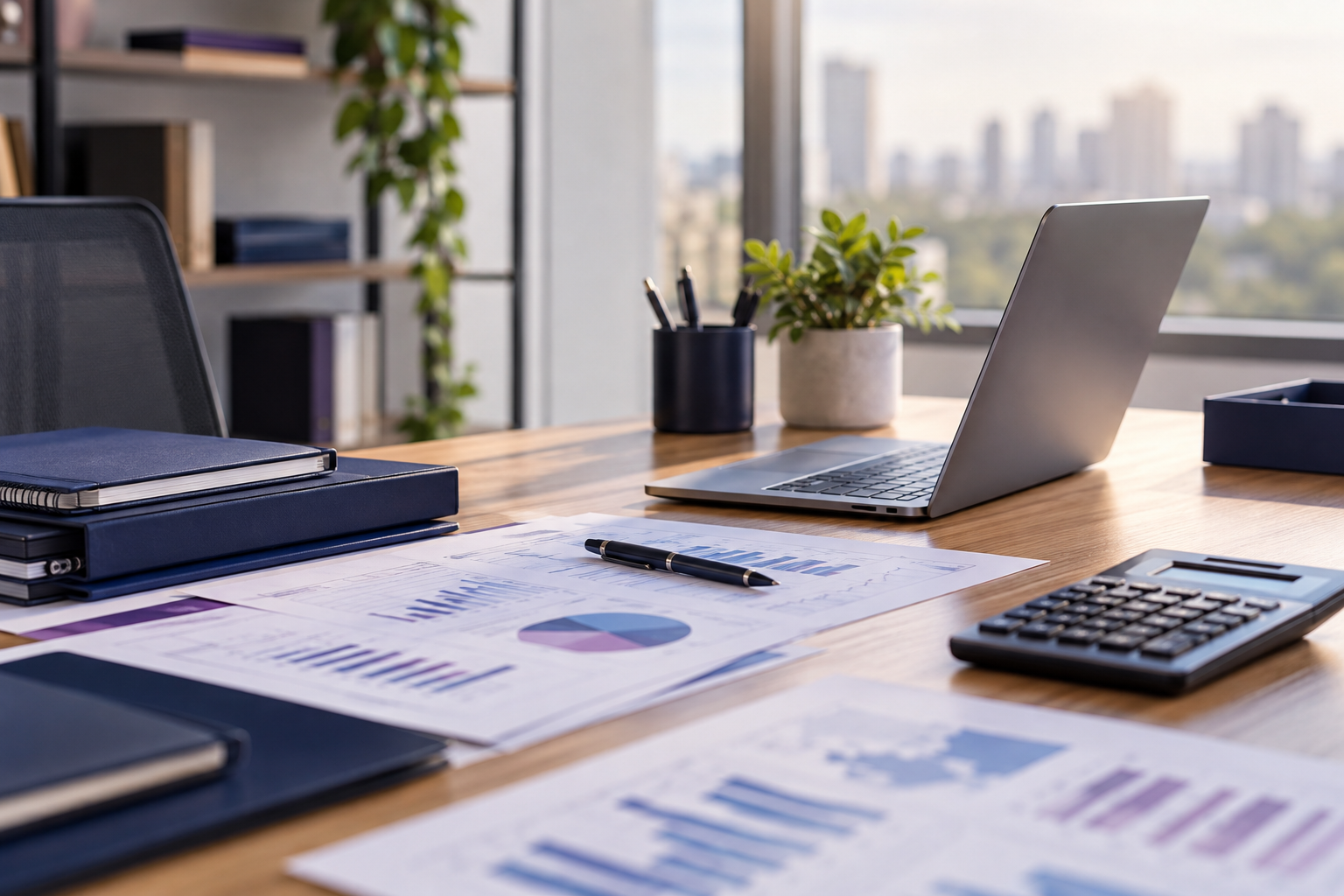 Ambiente de trabalho organizado com computador, relatórios e calculadora